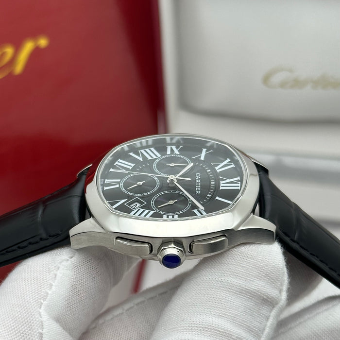 Cartier Style Chronograph Watch – Black Dial Silver Case Classic Luxury