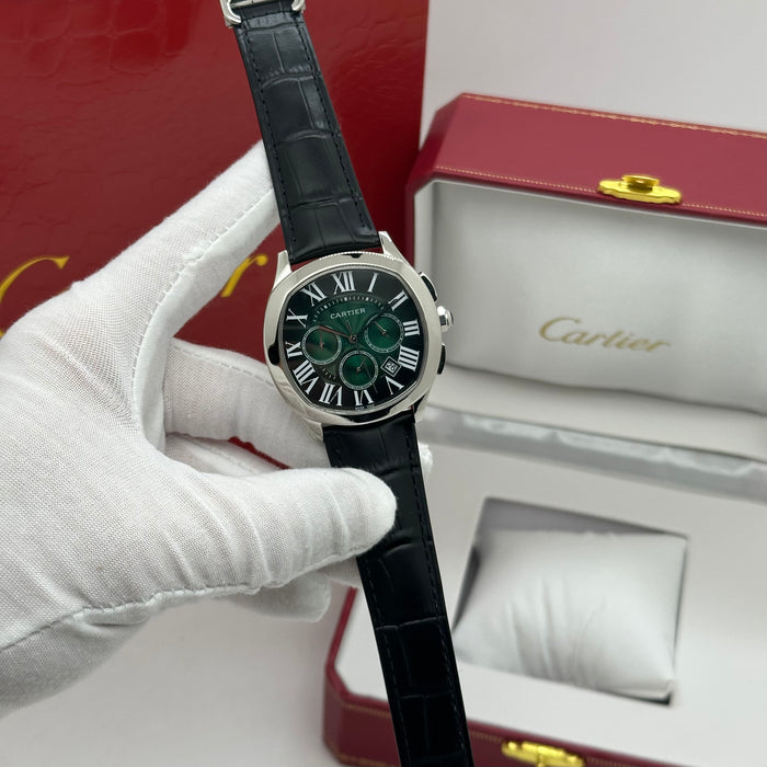 Cartier Style Chronograph Watch – Green Dial Silver Case Classic Luxury