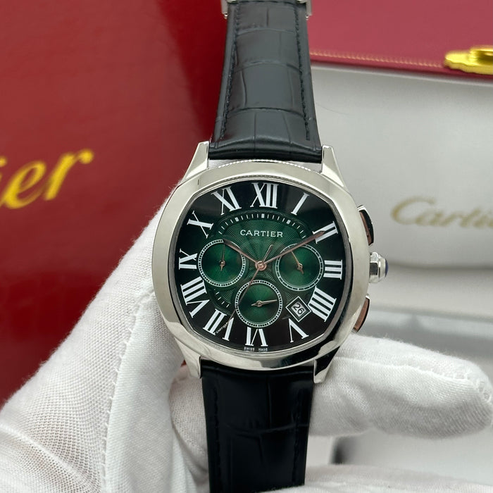 Cartier Style Chronograph Watch – Green Dial Silver Case Classic Luxury