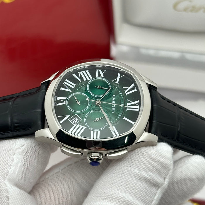 Cartier Style Chronograph Watch – Green Dial Silver Case Classic Luxury