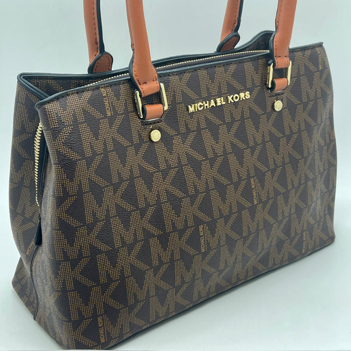 Michael Kors Medium Structured Tote Bag – Signature MK Canvas with Leather Handles