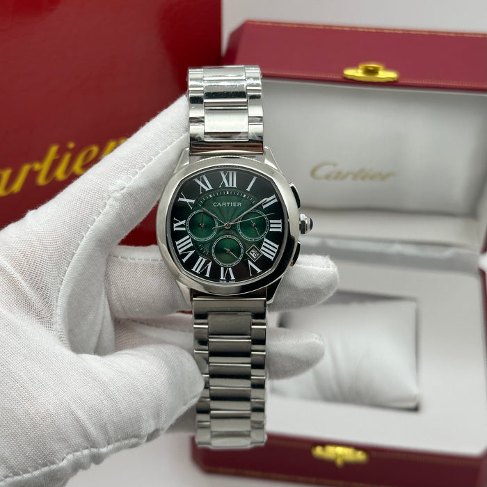 Cartier Style Chronograph Watch – Green Dial Stainless Steel Luxury