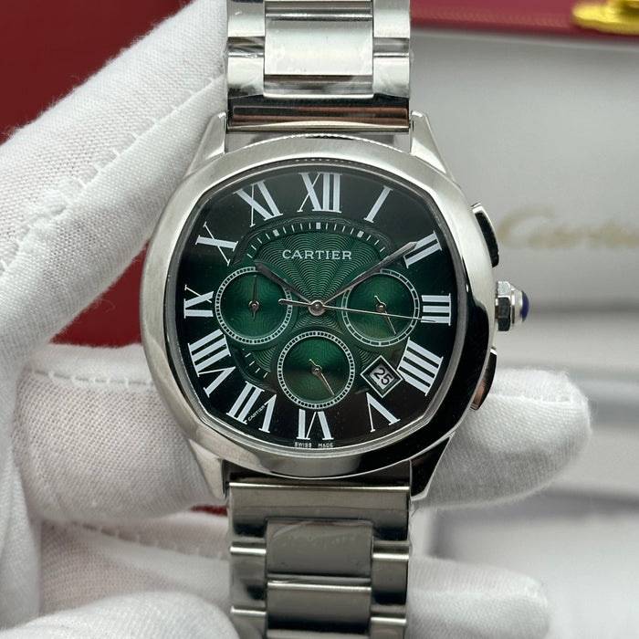 Cartier Style Chronograph Watch – Green Dial Stainless Steel Luxury