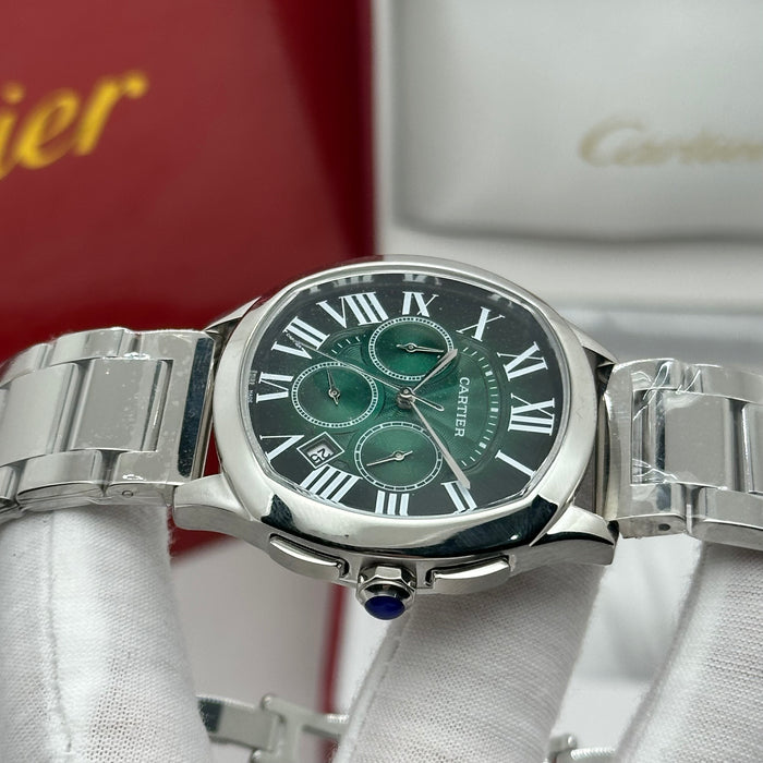 Cartier Style Chronograph Watch – Green Dial Stainless Steel Luxury