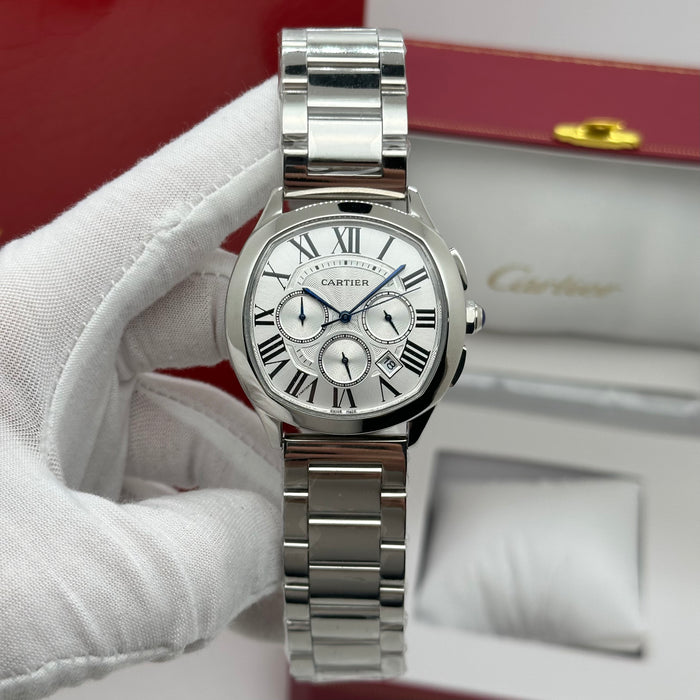 Cartier Style Chronograph Watch – Silver Dial Stainless Steel Luxury