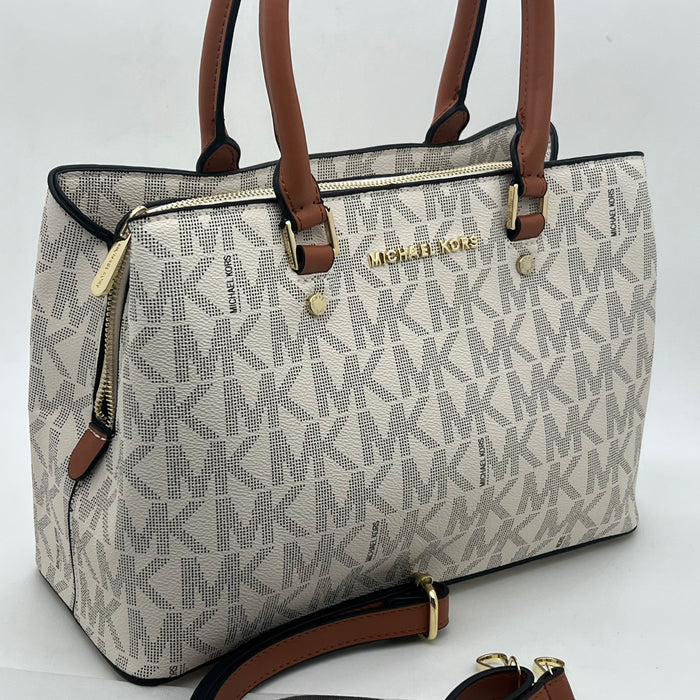 Michael Kors Medium Structured Tote Bag – Signature MK Canvas with Leather Handles