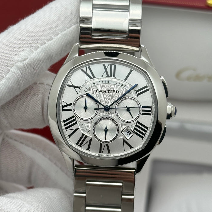 Cartier Style Chronograph Watch – Silver Dial Stainless Steel Luxury
