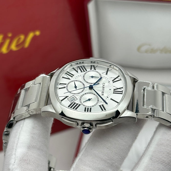 Cartier Style Chronograph Watch – Silver Dial Stainless Steel Luxury