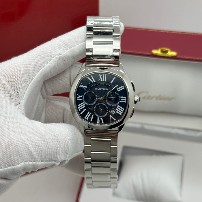 Cartier Style Chronograph Watch – Blue Dial Stainless Steel Luxury