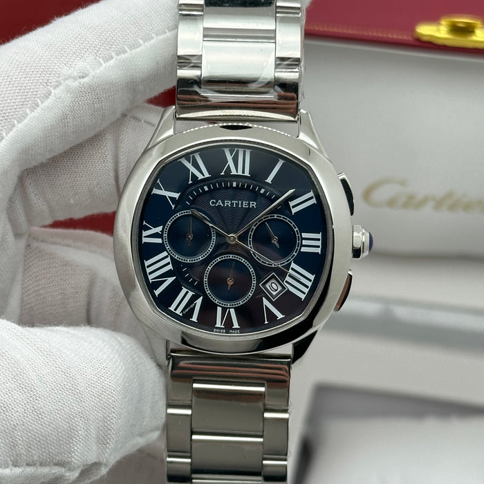 Cartier Style Chronograph Watch – Blue Dial Stainless Steel Luxury