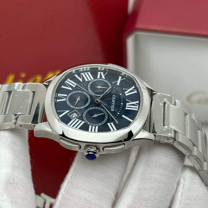 Cartier Style Chronograph Watch – Blue Dial Stainless Steel Luxury