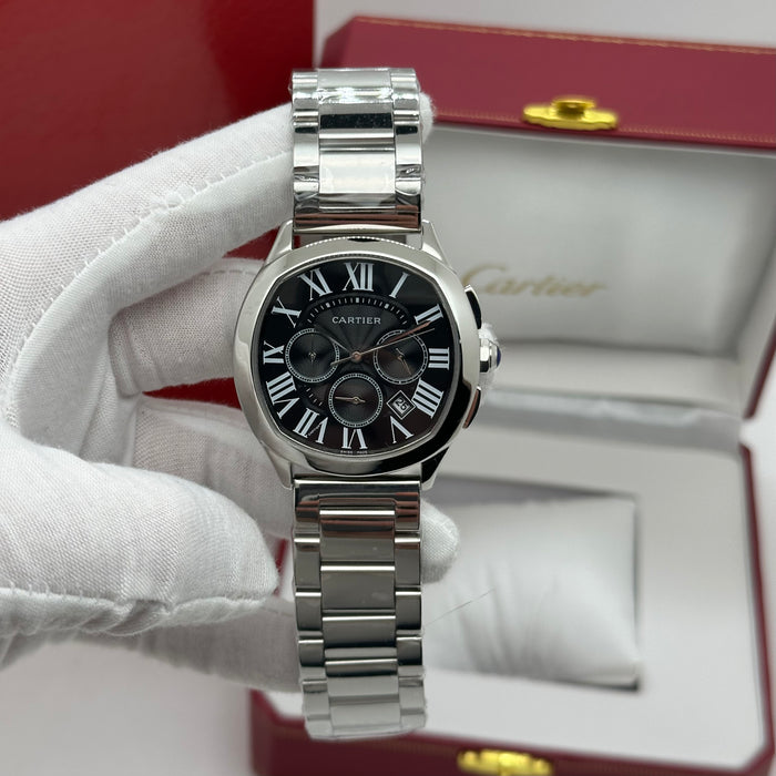 Cartier Style Chronograph Watch – Black Dial Stainless Steel Luxury
