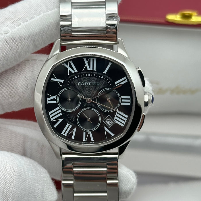 Cartier Style Chronograph Watch – Black Dial Stainless Steel Luxury