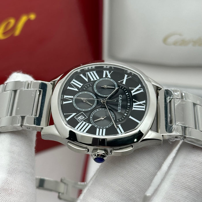 Cartier Style Chronograph Watch – Black Dial Stainless Steel Luxury