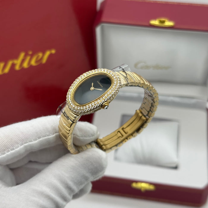 Cartier Style Oval Diamond Watch – Gold Luxury Women’s Bracelet