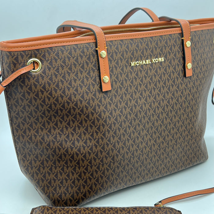 Michael Kors Jet Set Travel Large Tote Bag – Signature MK Canvas (With Pouch)