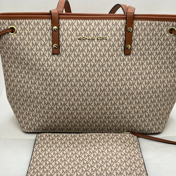 Michael Kors Jet Set Travel Large Tote Bag – Signature MK Canvas (With Pouch)