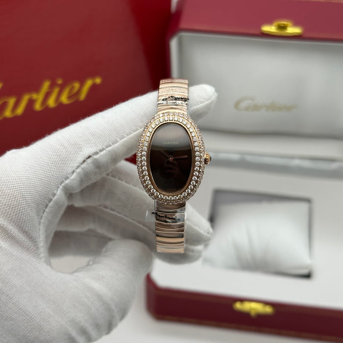 Cartier Style Oval Black Dial Diamond Watch – Rose Gold Luxury Bracelet
