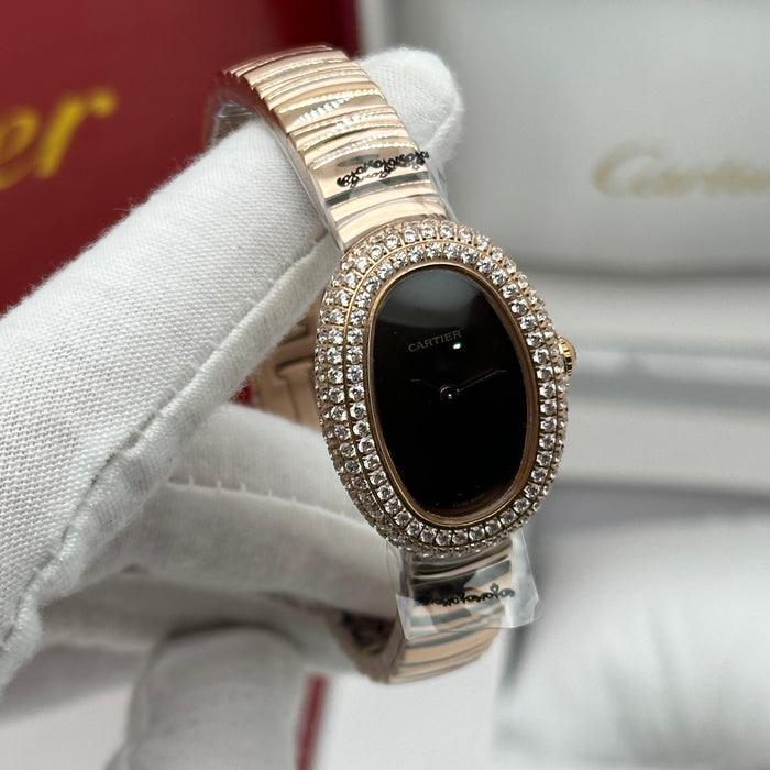 Cartier Style Oval Black Dial Diamond Watch – Rose Gold Luxury Bracelet