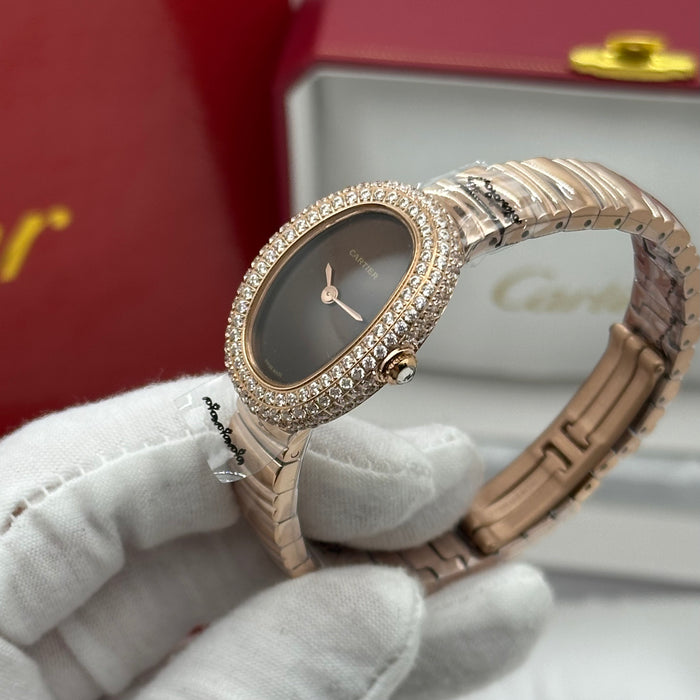 Cartier Style Oval Black Dial Diamond Watch – Rose Gold Luxury Bracelet
