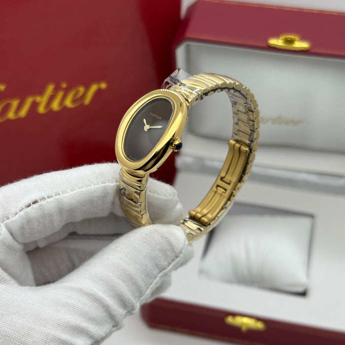 Cartier Style Oval Gold Watch – Minimal Black Dial Luxury Bracelet