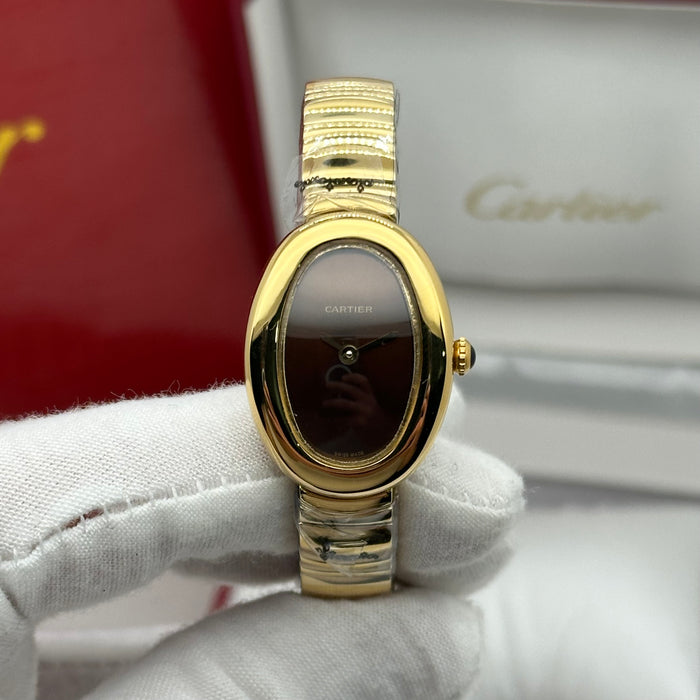 Cartier Style Oval Gold Watch – Minimal Black Dial Luxury Bracelet