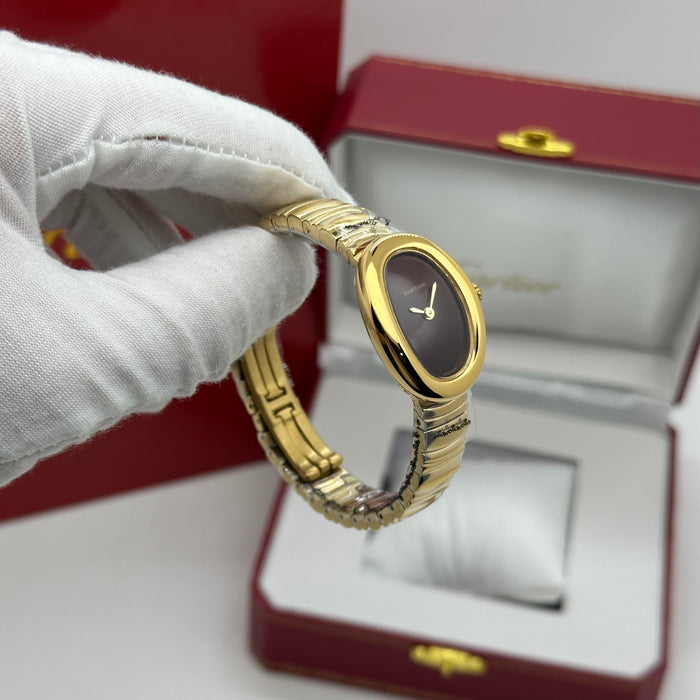 Cartier Style Oval Gold Watch – Minimal Black Dial Luxury Bracelet
