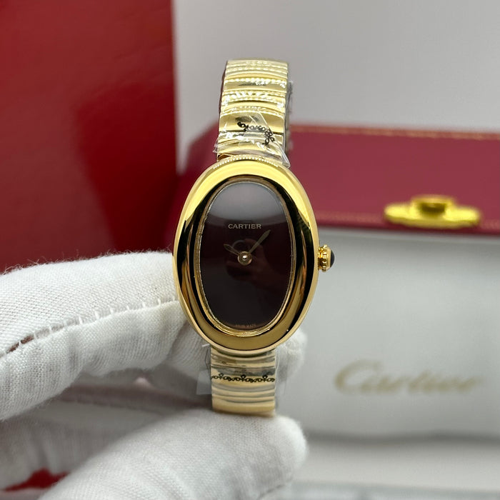 Cartier Style Oval Gold Watch – Minimal Black Dial Luxury Bracelet