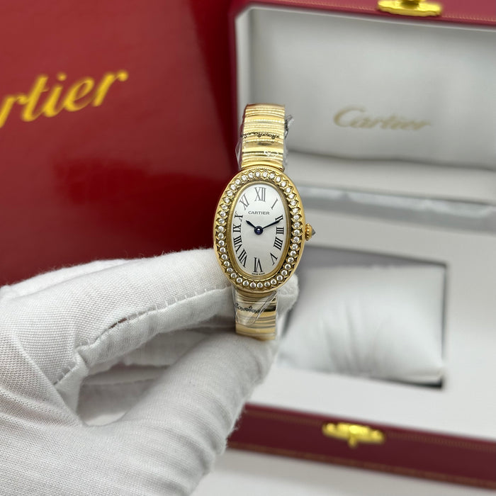 Cartier Style Oval Diamond Watch – Luxury Women Bracelet (Gold & Silver)