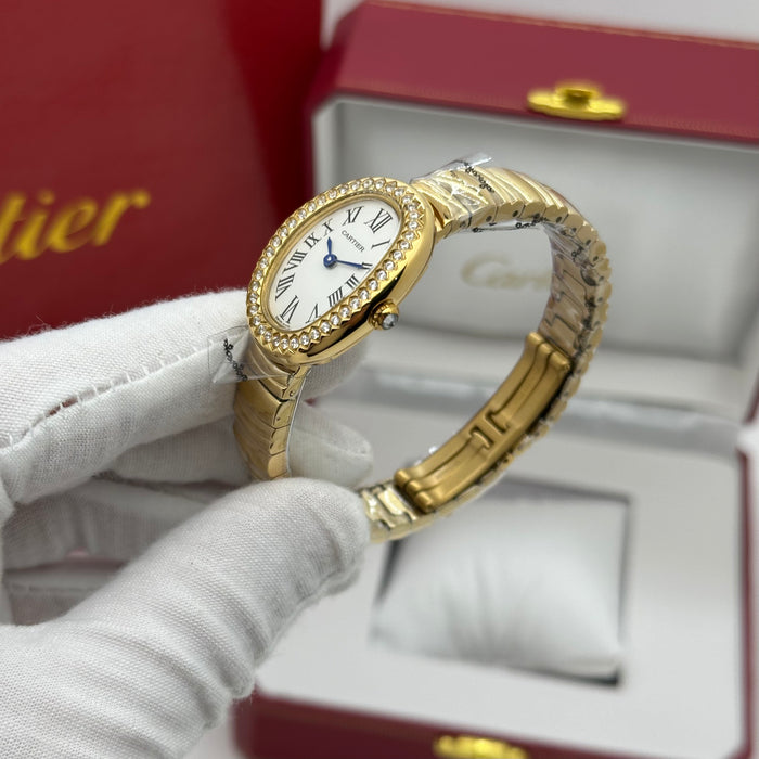 Cartier Style Oval Diamond Watch – Luxury Women Bracelet (Gold & Silver)
