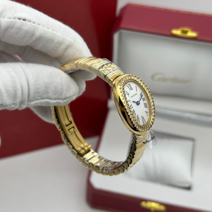 Cartier Style Oval Diamond Watch – Luxury Women Bracelet (Gold & Silver)