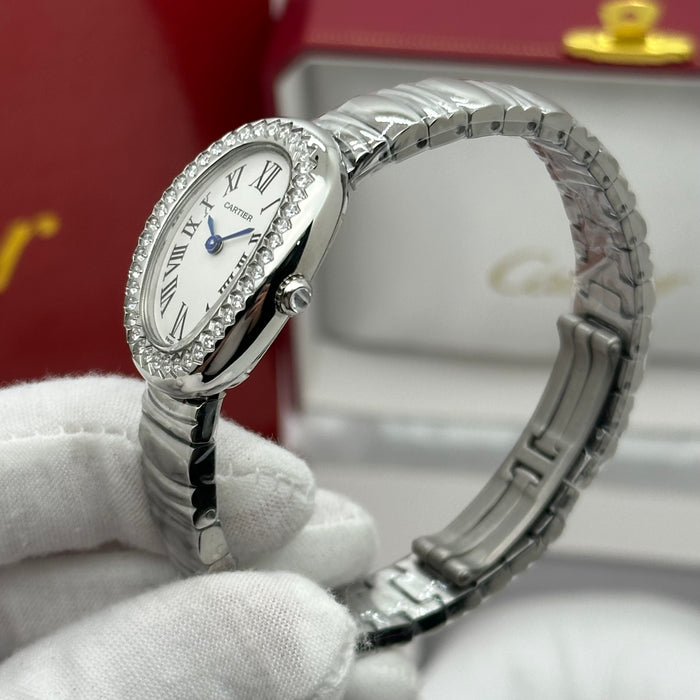 Cartier Style Oval Diamond Watch – Luxury Women Bracelet (Gold & Silver)