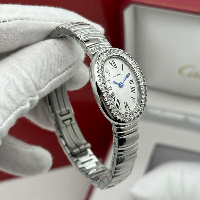 Cartier Style Oval Diamond Watch – Luxury Women Bracelet (Gold & Silver)