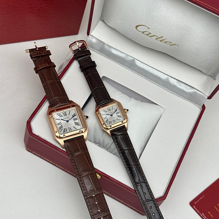 Cartier Santos Two-Tone Rose Gold – Brown Leather Strap Luxury His&Hers Watch