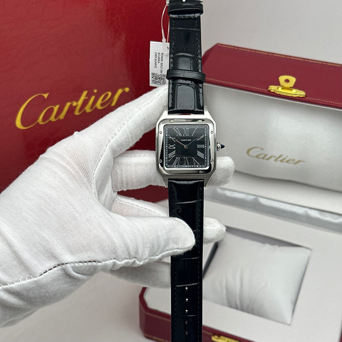 Cartier Santos Stainless Steel 40MM – Black Dial Luxury Watch with Black Leather Strap