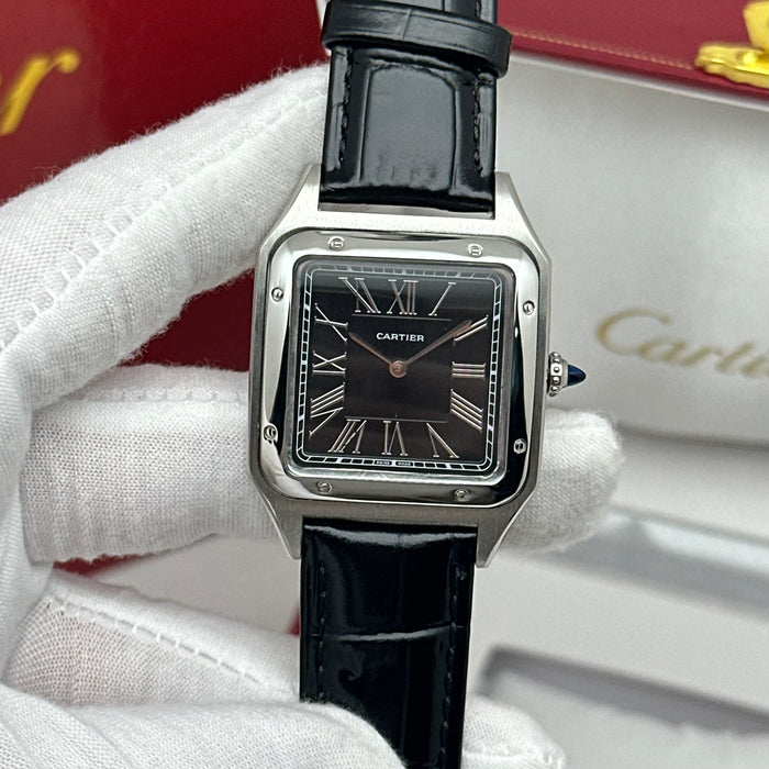 Cartier Santos Stainless Steel 40MM – Black Dial Luxury Watch with Black Leather Strap