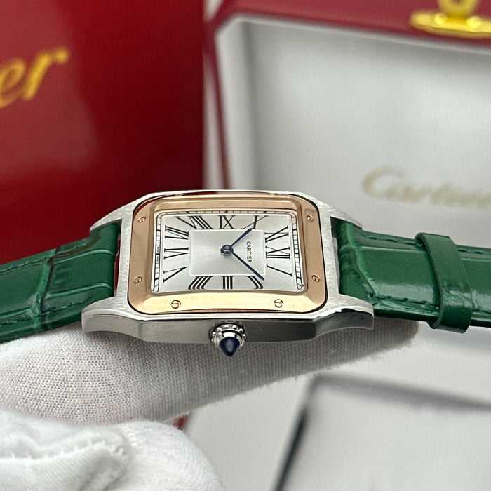 Cartier Santos Two-Tone Rose Gold & Steel 40MM – Green Leather Strap Luxury Watch