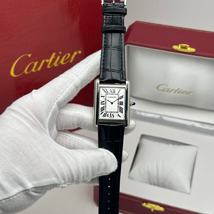 Cartier Tank Style Stainless Steel 34MM – White Dial Classic Leather Watch