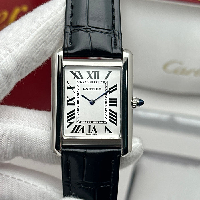 Cartier Tank Style Stainless Steel 34MM – White Dial Classic Leather Watch