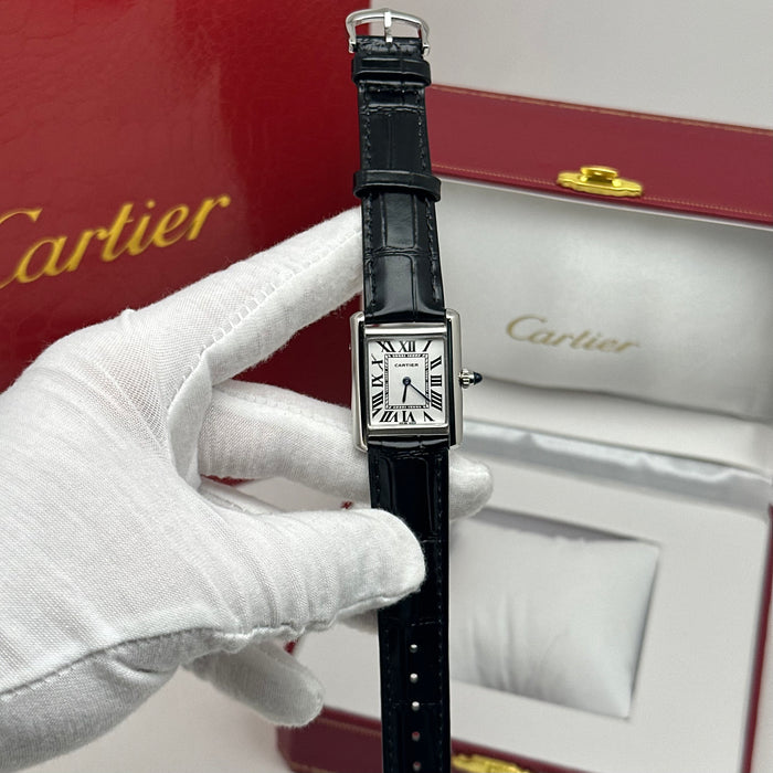 Cartier Tank Style Stainless Steel – White Dial Classic Leather Watch