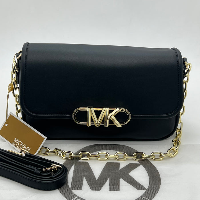 Michael Kors Black Leather Flap Crossbody Bag – Gold MK Chain Luxury Edition
