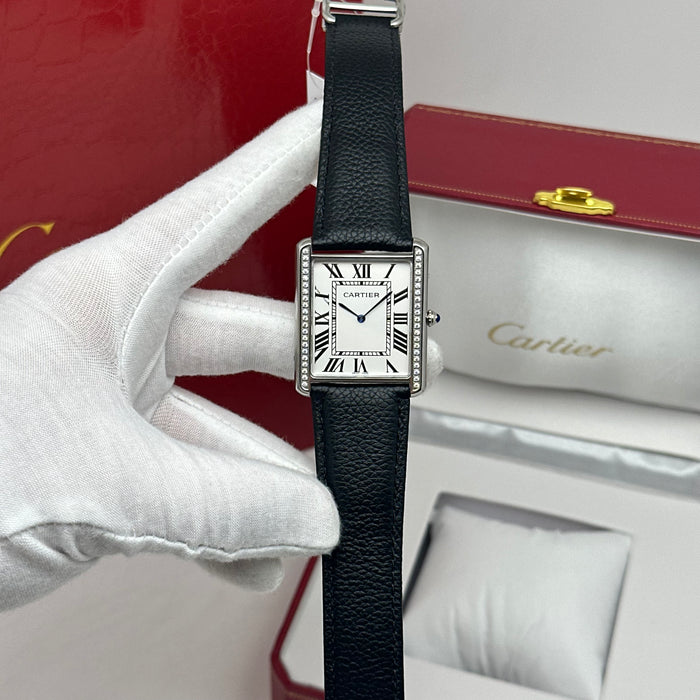Cartier Tank Style Diamond Bezel – Stainless Steel Luxury Watch