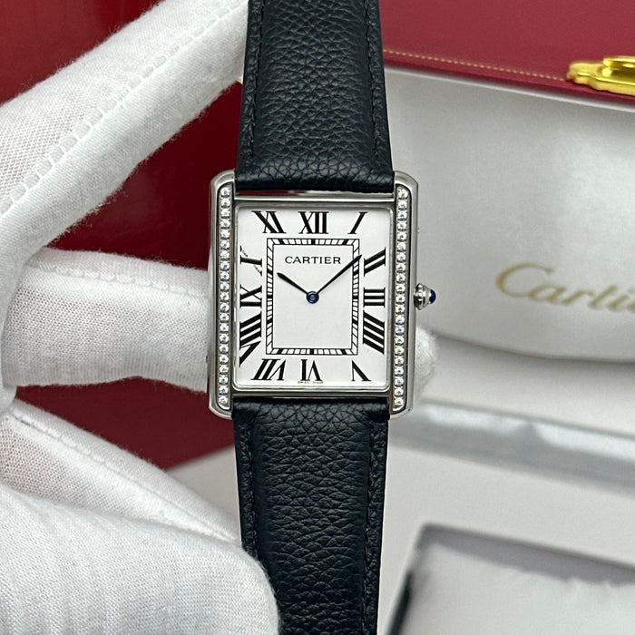 Cartier Tank Style Diamond Bezel – Stainless Steel Luxury Watch