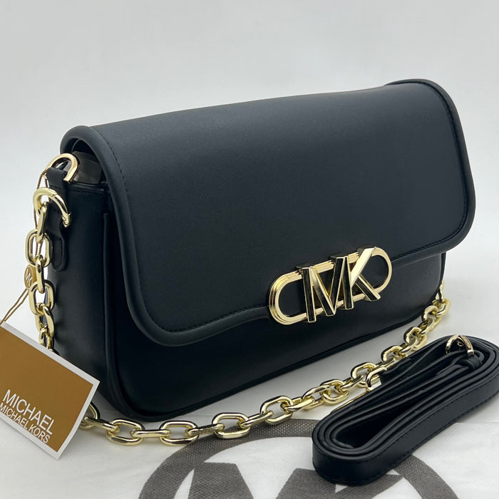 Michael Kors Black Leather Flap Crossbody Bag – Gold MK Chain Luxury Edition