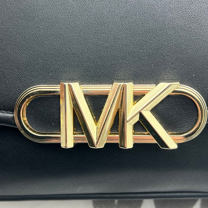 Michael Kors Black Leather Flap Crossbody Bag – Gold MK Chain Luxury Edition