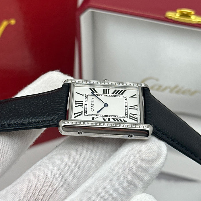 Cartier Tank Style Diamond Bezel – Stainless Steel Luxury Watch