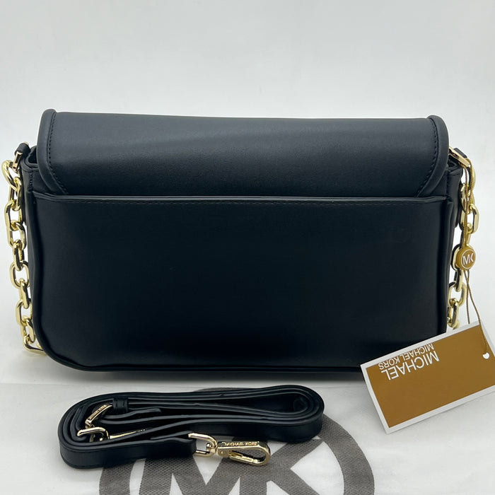 Michael Kors Black Leather Flap Crossbody Bag – Gold MK Chain Luxury Edition