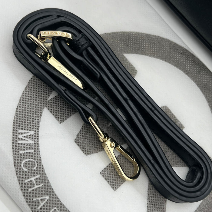 Michael Kors Black Leather Flap Crossbody Bag – Gold MK Chain Luxury Edition