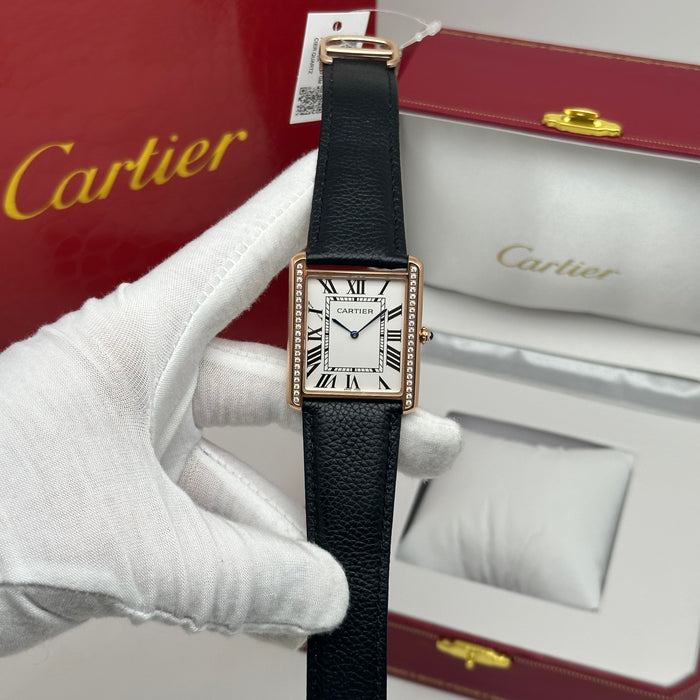 Cartier Tank Style Gold Diamond Bezel 34MM – Luxury Leather Watch