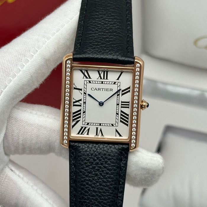 Cartier Tank Style Gold Diamond Bezel 34MM – Luxury Leather Watch